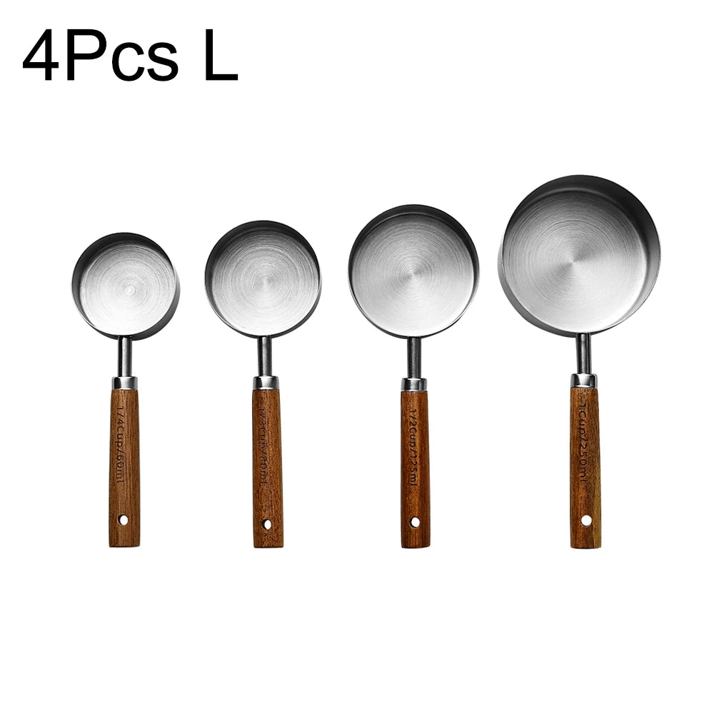 Stainless Steel Measuring Cups Spoons Set Wooden Handle Baking Coffee Tools