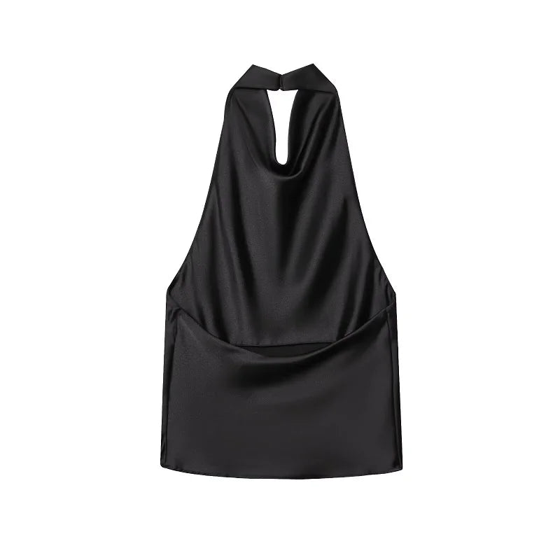 Women Satin Halter Backless Top Summer Beach Camisole Crop Top