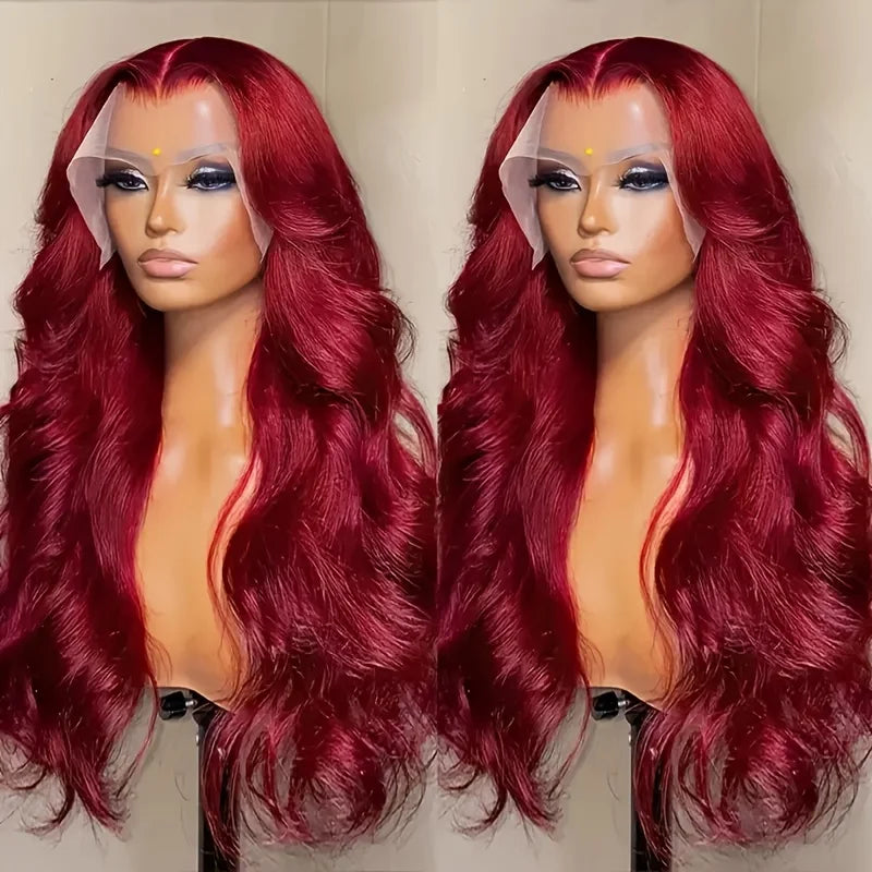 99J Burgundy Body Wave Wig – Long Red Wavy Lace Front Wig 250% Density