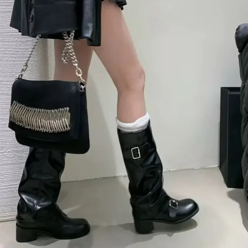 Women Knee High Platform Boots Chunky Heel Punk Gothic Leather Motorcycle Boots