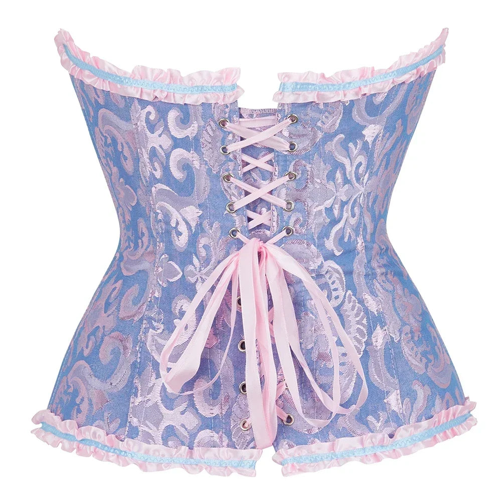 Women Floral Jacquard Corset Lace Up Bustier Top