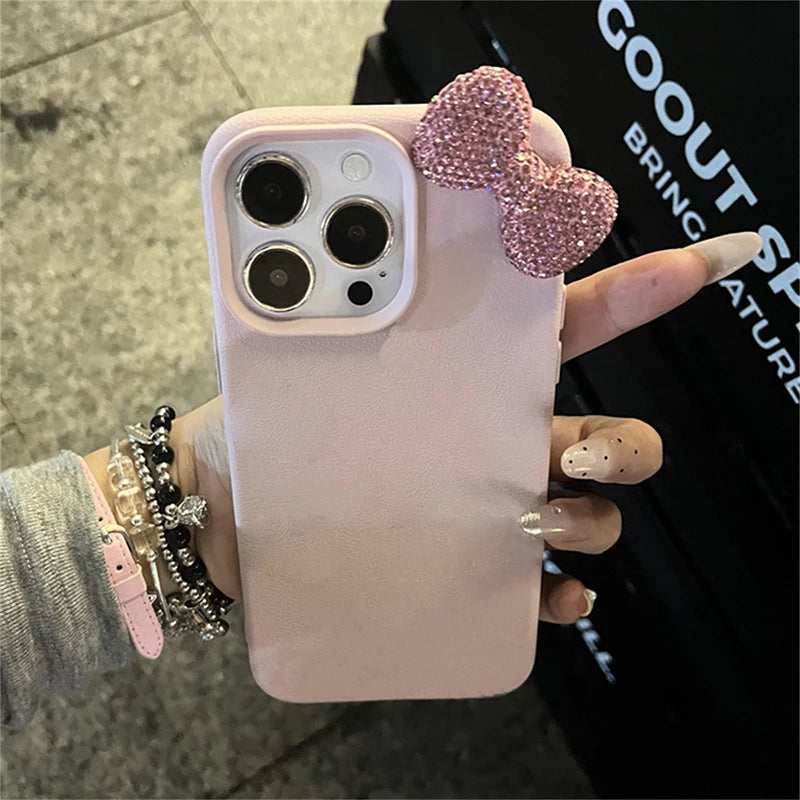 Rhinestone Bow Litchi Leather Shockproof iPhone Case