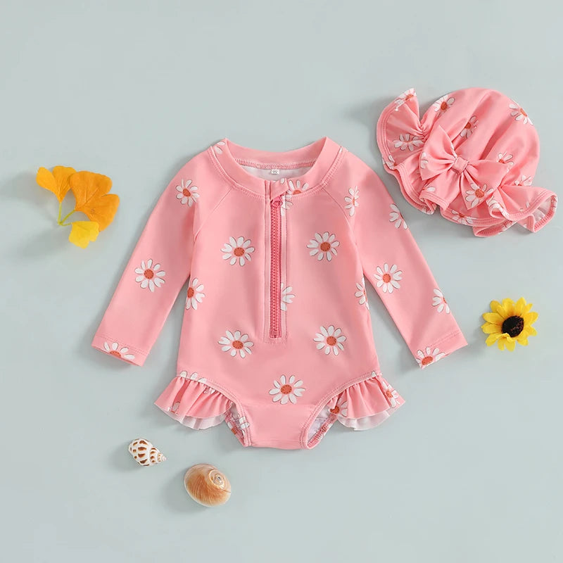 Baby Girl Floral Rash Guard Swimsuit with Hat