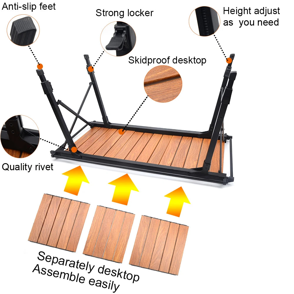 Portable Camping IGT Table with Grill & Gas Stove Folding Outdoor BBQ Table Lightweight Picnic Cooking Table Wooden Top