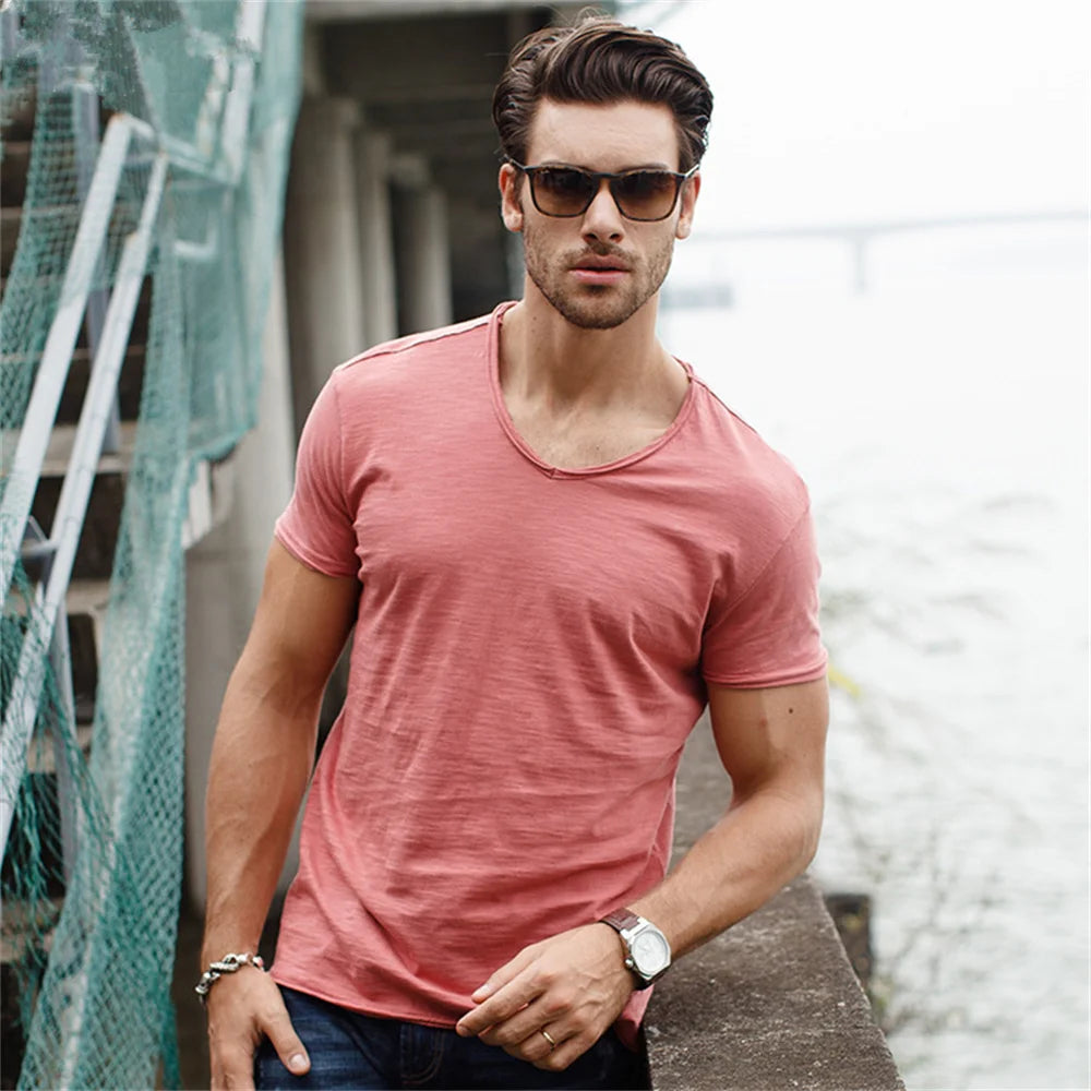 Men Cotton V-Neck Slim Fit T Shirt Short Sleeve Fashion Basic Tee