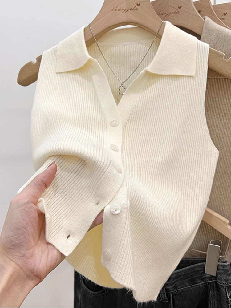 Women Sleeveless Knitted Cardigan Solid Color Vest Sweater