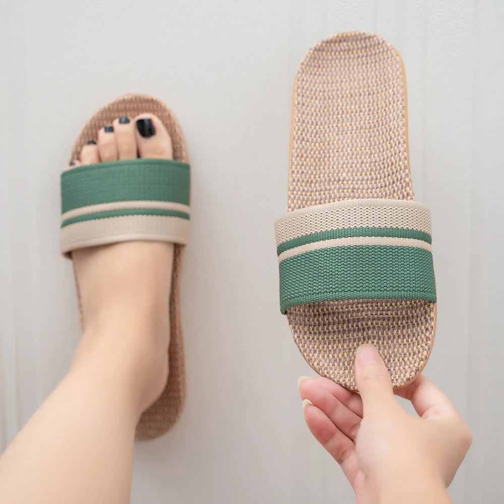 Women Linen Slippers Anti Slip Indoor Home Slides Lightweight Breathable Summer Flat Sandals