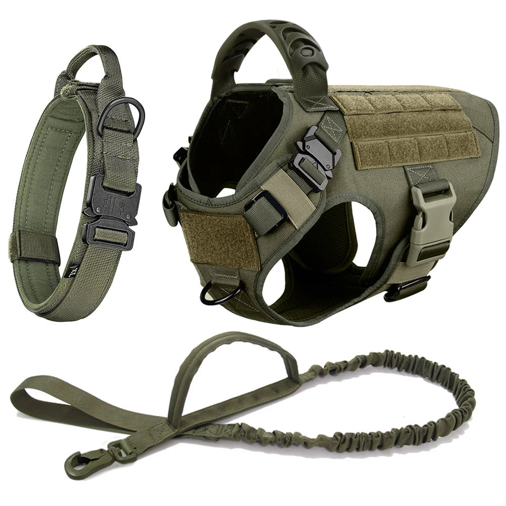 Large Dog Harness Collar Leash Set with Molle Pouches for Training Walking