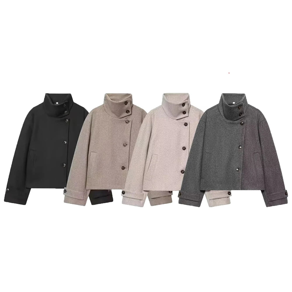 Women Loose Fit Stand Collar Coat Long Sleeve Buckle Casual Winter Jacket