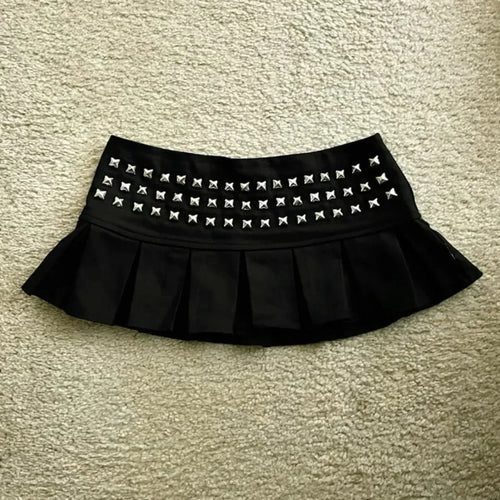 Women Y2K Gothic Studded Pleated Mini Skirt Punk Rivet Hot Girl Skirt
