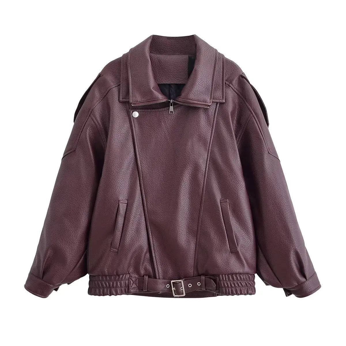 Women Faux Leather Zip Up Jacket Casual Long Sleeve PU Coat Streetwear