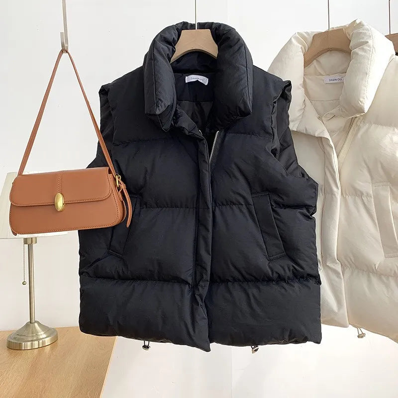 Women Stand Collar Belted Puffer Vest Sleeveless Warm Winter Jacket