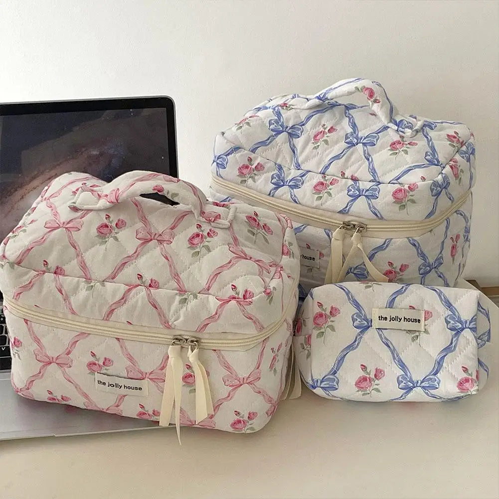Women Quilted Makeup Bag Cute Bow Flower Zipper Cosmetic Organizer Toiletry Case