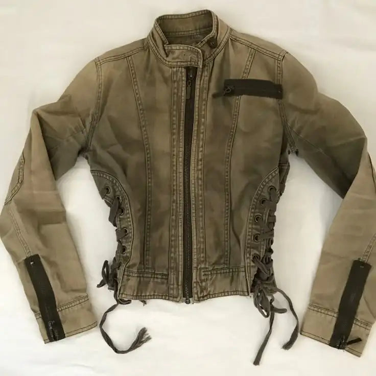 Women Y2K Army Green Denim Jacket Slim Fit Zipper Stand Collar Short Coat