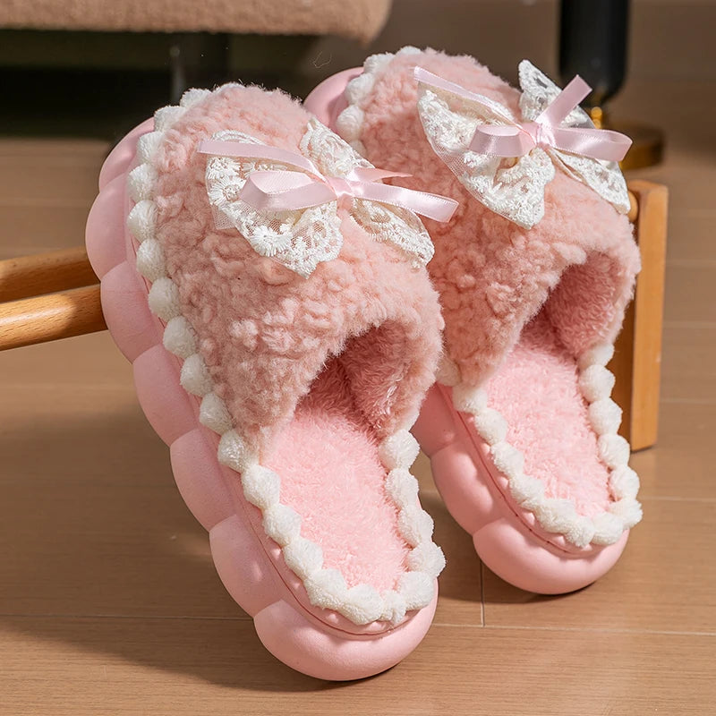 Women Plush Fur Slippers Soft Warm Non Slip Indoor Home Shoes