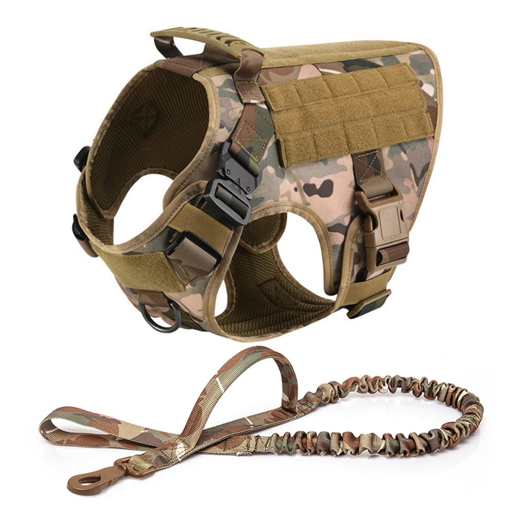 Large Dog Harness Collar Leash Set with Molle Pouches for Training Walking