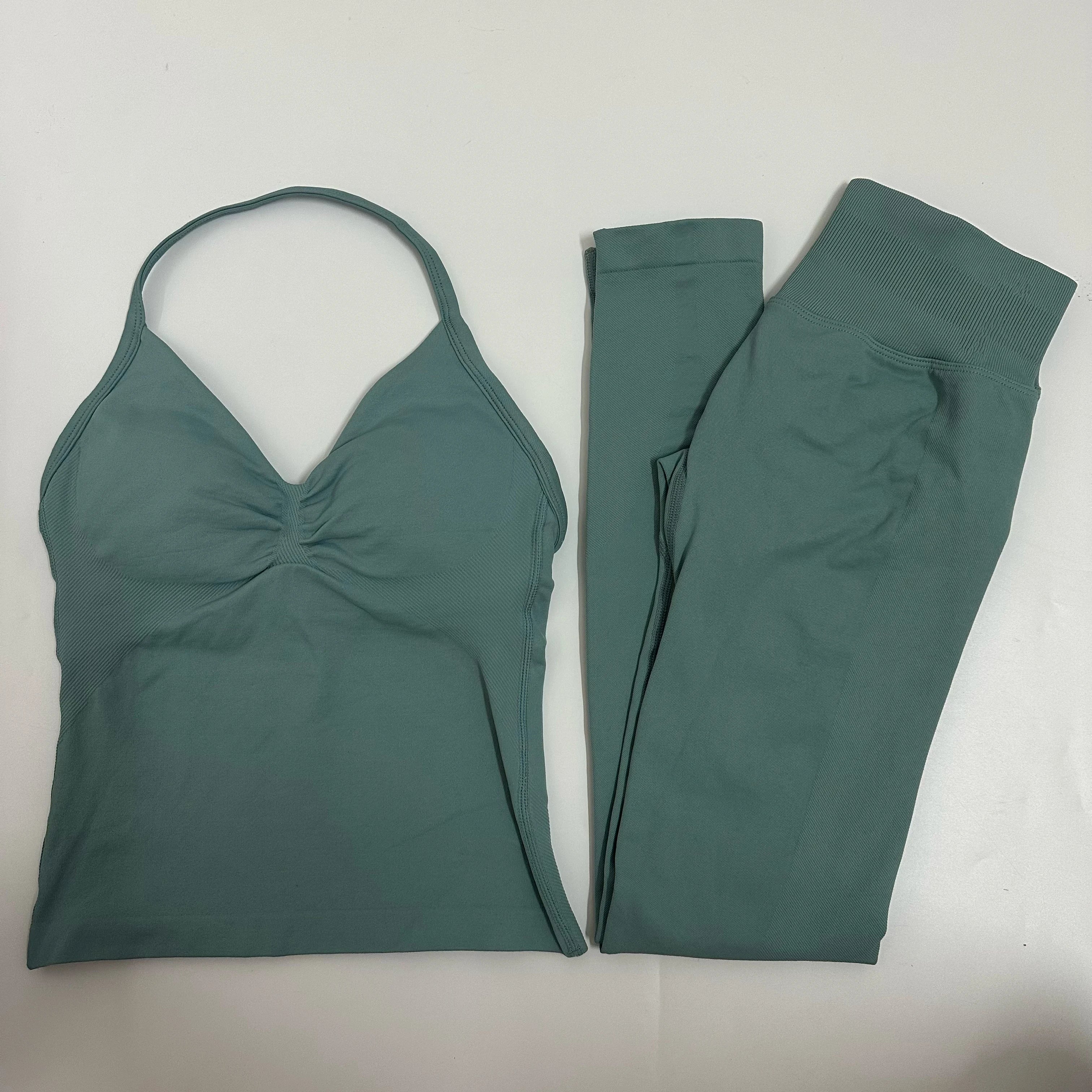 Backless Yoga Set Women Tank Top High Waist Scrunch Leggings Gym Fitness Outfit