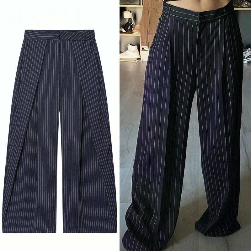 Women Striped Pleated Wide Leg Pants High Waist Baggy Harem Trousers Casual Oversize