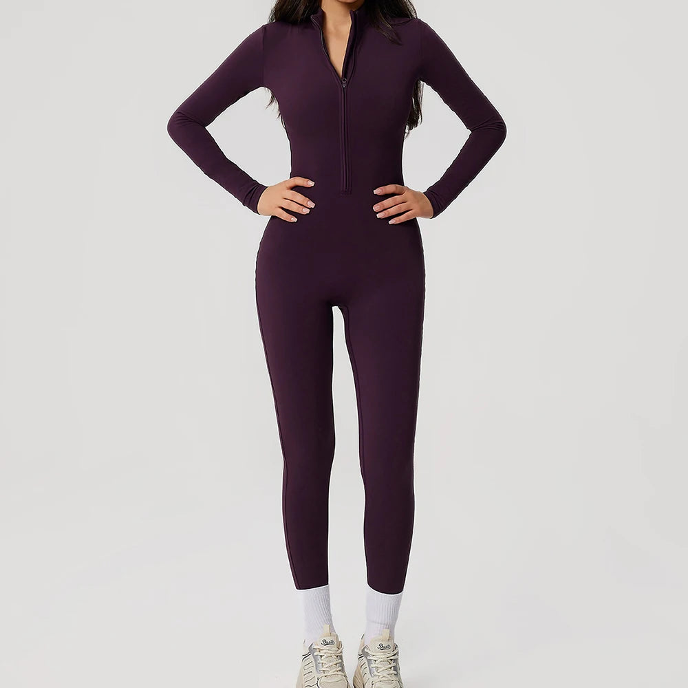 Women Long Sleeve Yoga Jumpsuit Zipper One Piece Fitness Workout Bodysuit Slim Fit