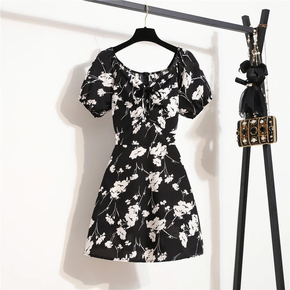 Women’s Floral Chiffon Mini Dress Summer Puff Sleeve Shirred Casual Dress