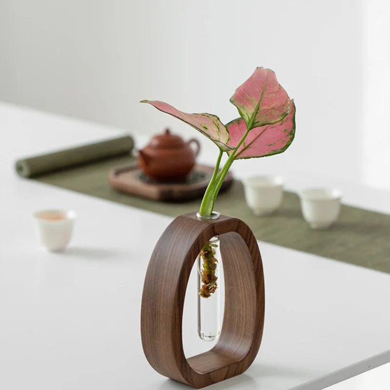 Solid Wood Flower Vase Glass Insert Mini Hydroponic Plant Holder Decor