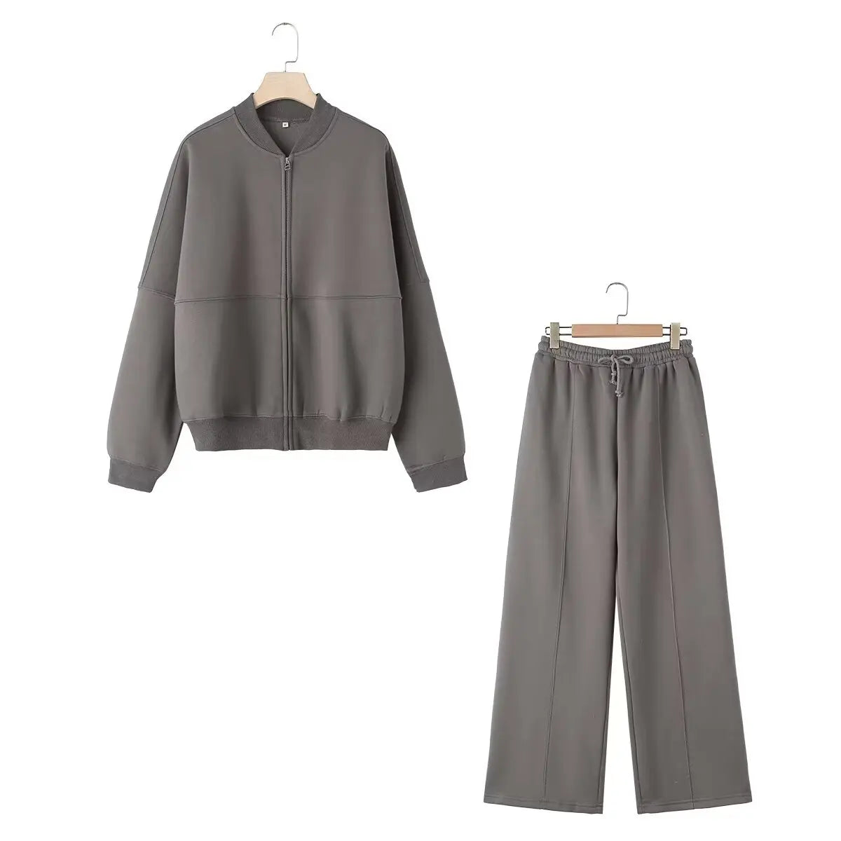 Women Two Piece Set Retro Bomber Jacket and High Waist Wide Leg Pants Streetwear Outfit