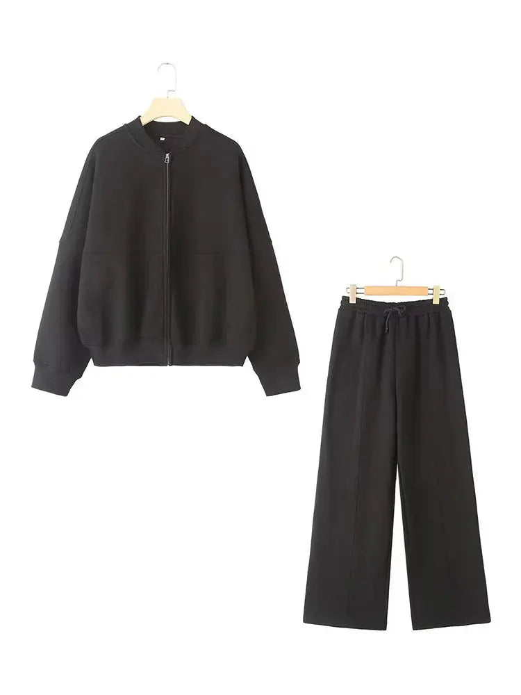 Women Retro 2 Piece Bomber Jacket and Wide Leg Pants Set