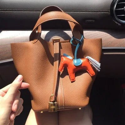 Women Bucket Handbag Soft PU Litchi Pattern Tote Bag with Lock and Scarf