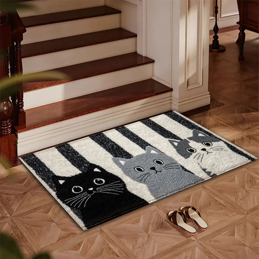 Cartoon Cat Striped Doormat Waterproof Soft Floor Mat Bedroom Rug
