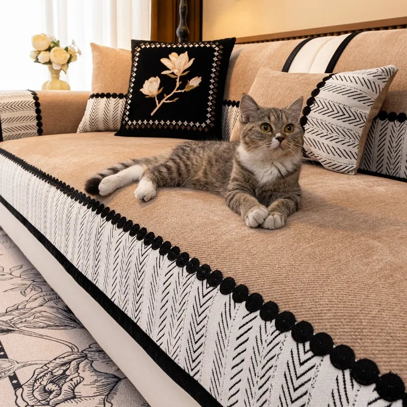 Contrast Hem Chenille Sofa Cover Non Slip Couch Protector for All Seasons