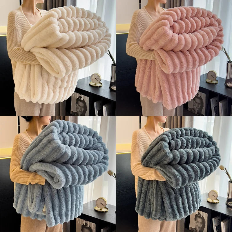 Soft Fluffy Throw Blanket 250GSM Warm Striped Bed Blanket for Winter
