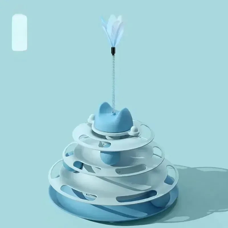 Four Layer Cat Rotating Ball Tower Toy with Feather Stick