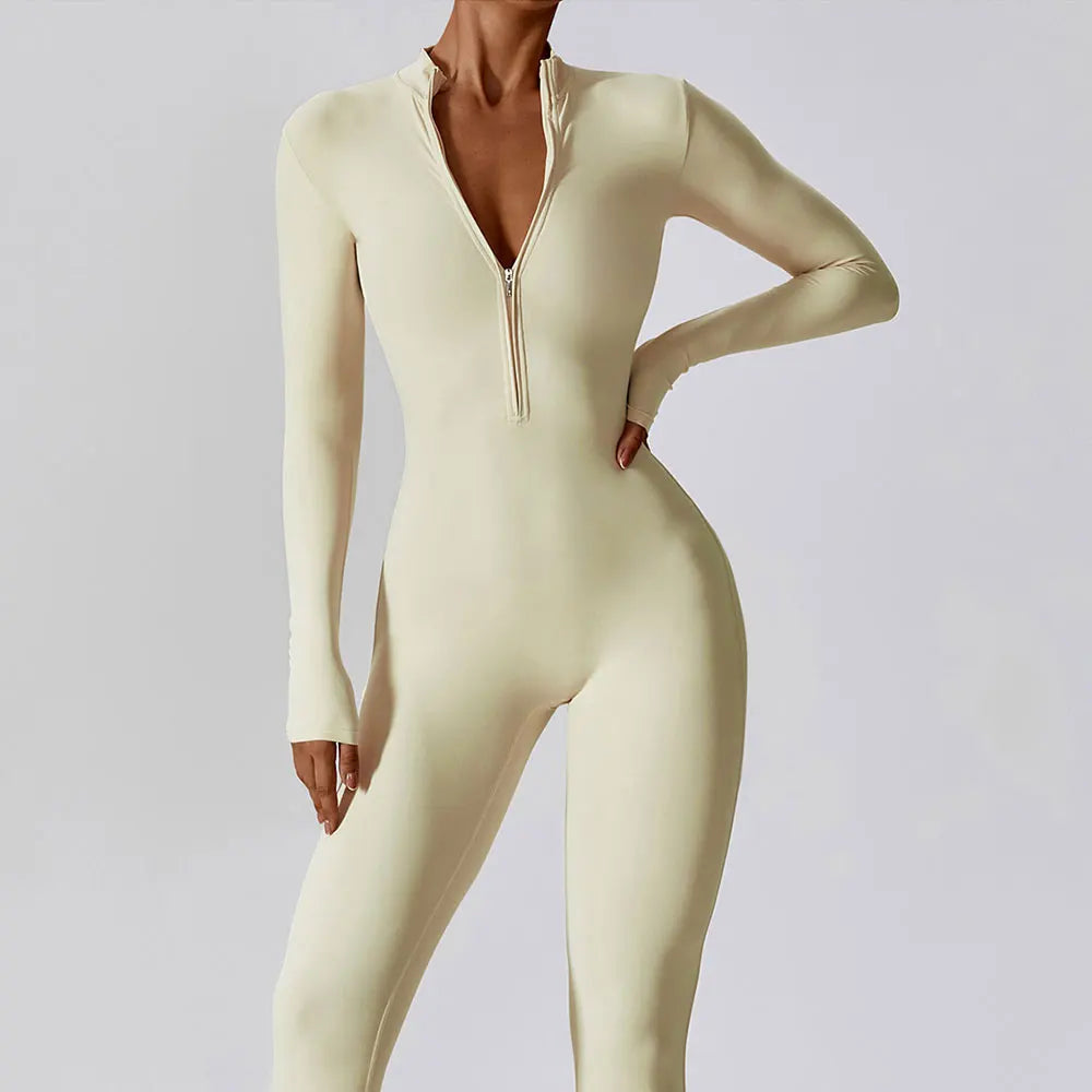 Women Long Sleeve Yoga Jumpsuit Zipper One Piece Fitness Workout Bodysuit Slim Fit