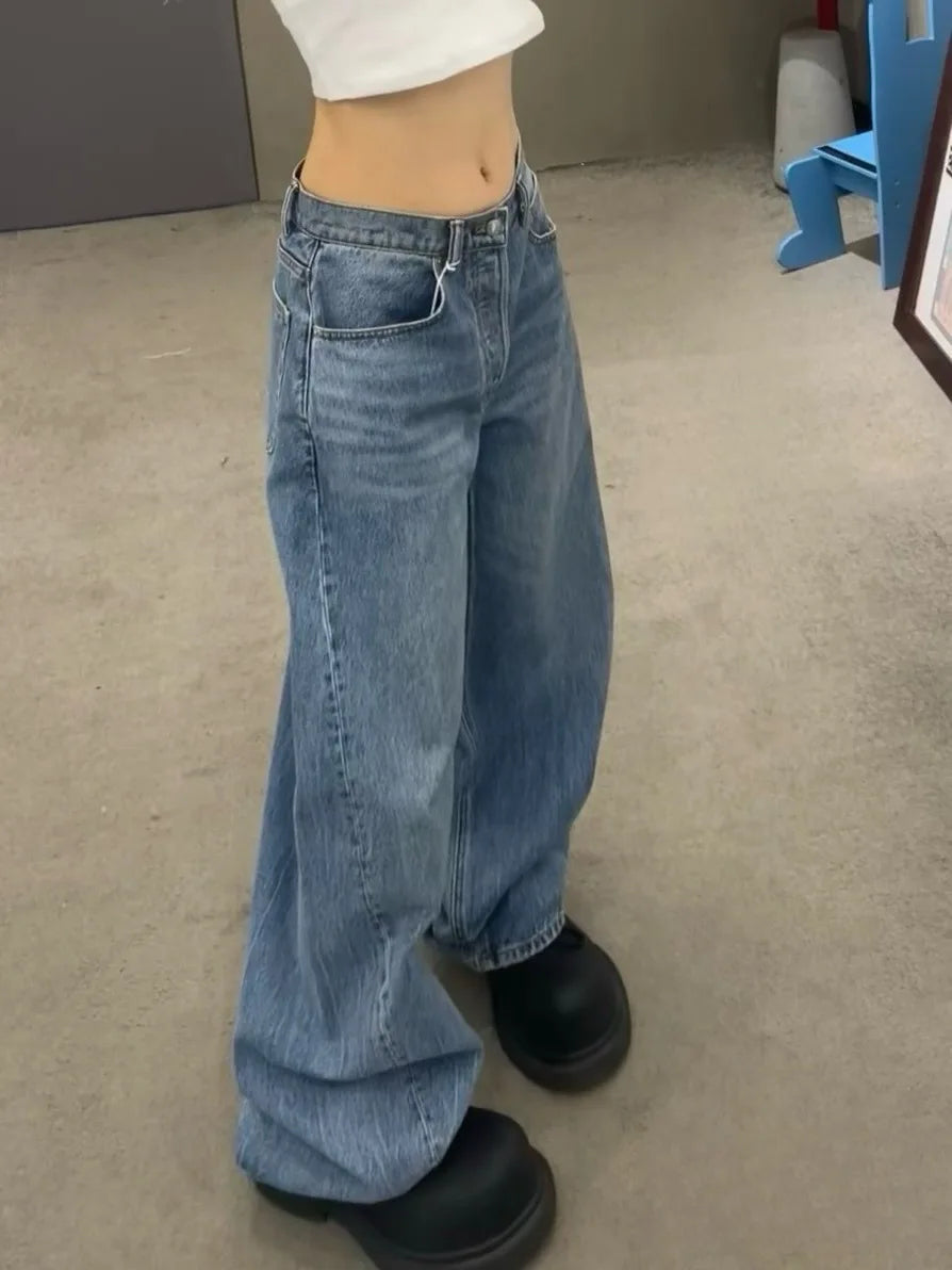 Women Y2K Gradient Blue Jeans Retro Letter Print High Waist Denim Pants 2025