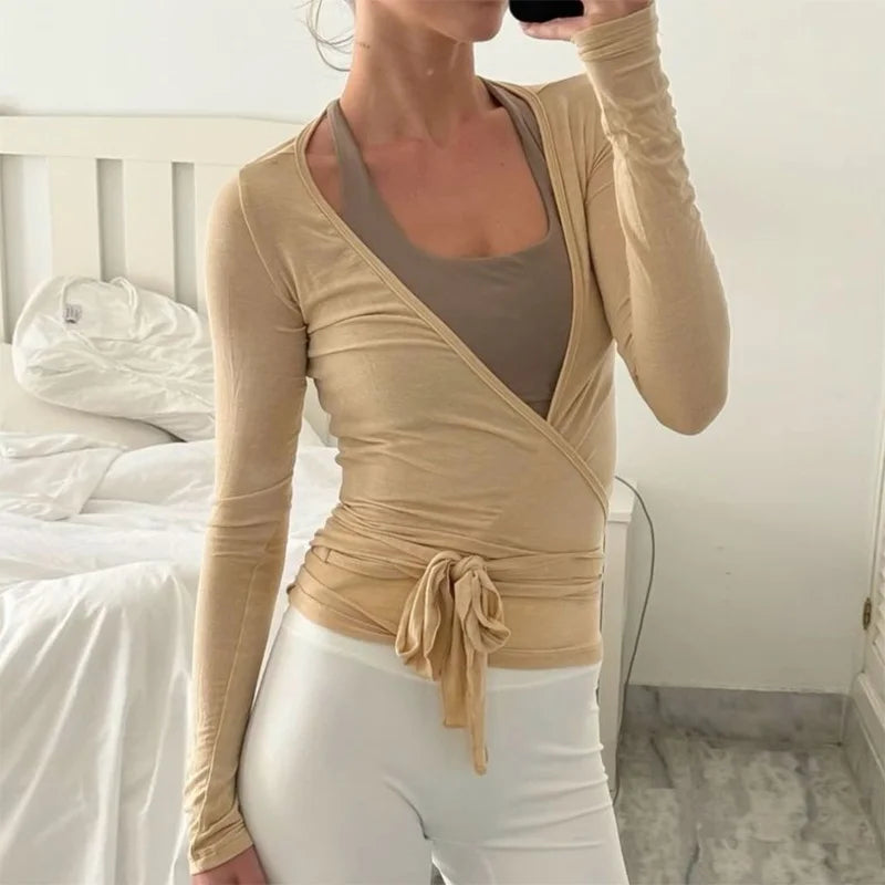 Women’s Cross Wrap Tie Crop Top Long Sleeve Deep V Yoga Shirt