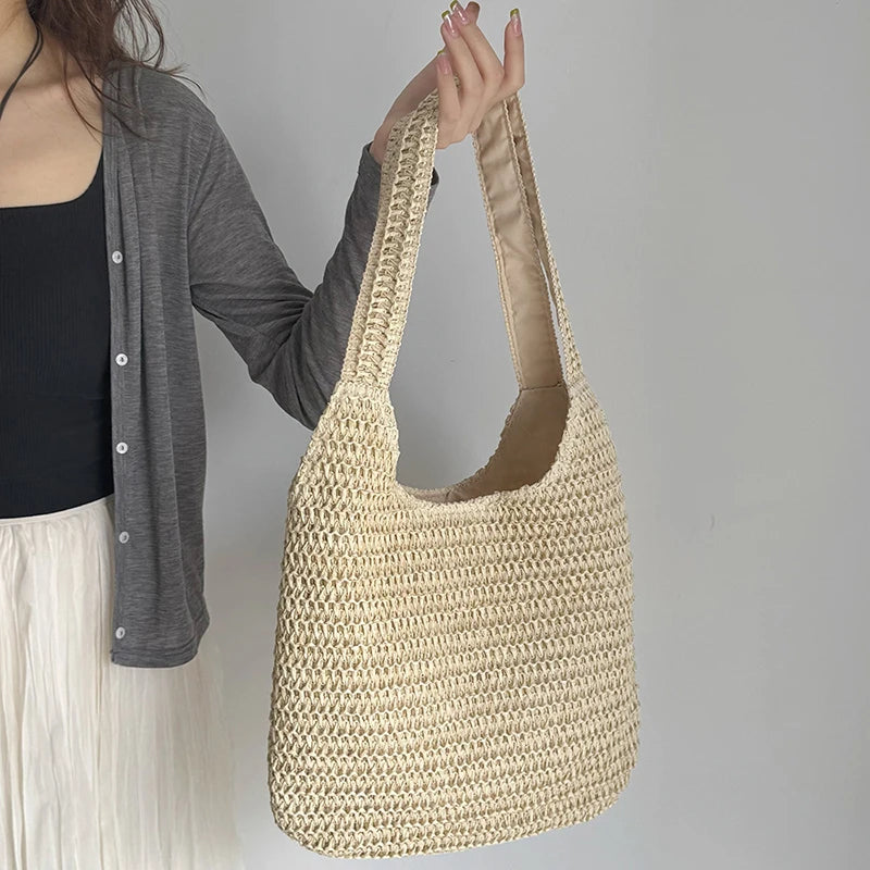 Woven Rattan Shoulder Bag Large Capacity Summer Straw Tote for Women