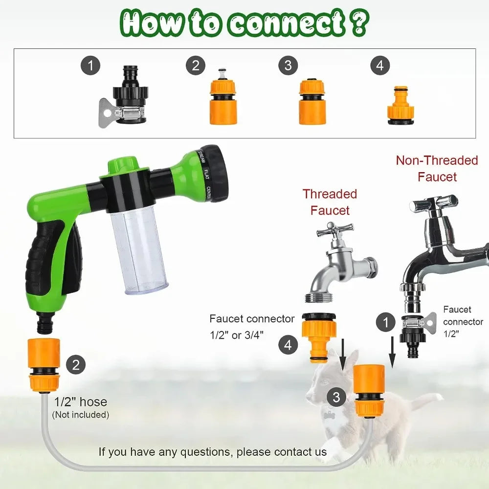 8 in 1 Pet Shower Sprayer High Pressure Dog Bath Hose Nozzle Foam Wash Tool