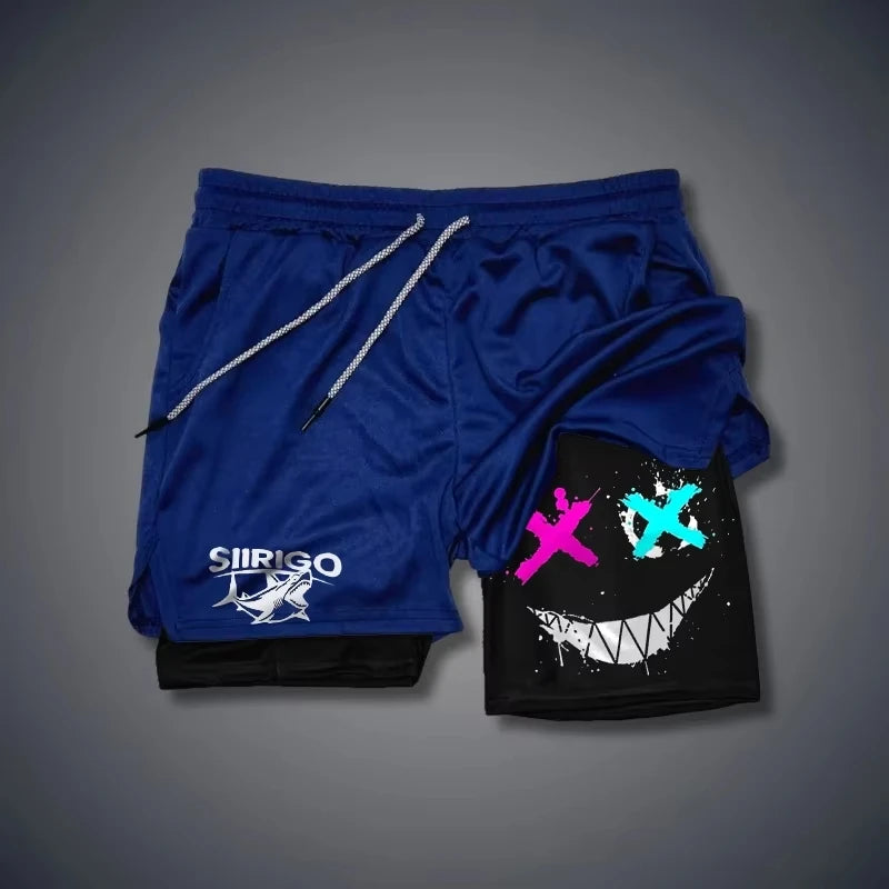 Men 2-in-1 Smiley Print Running Shorts Quick Dry Double Layer Fitness Training Sports Shorts