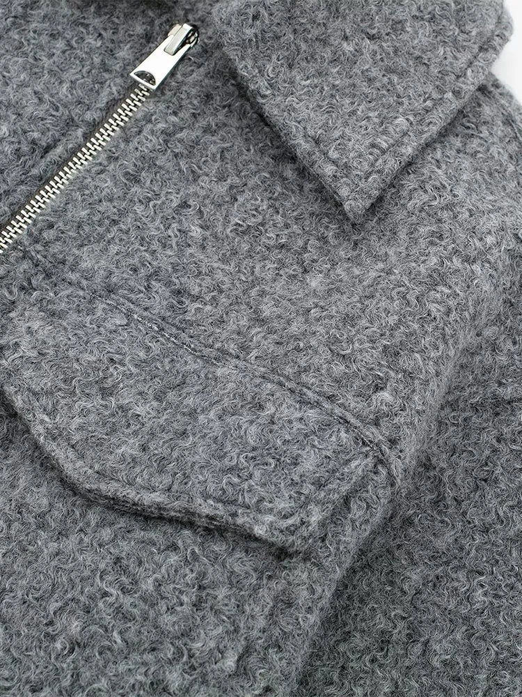 Women Grey Zip Up Jacket Vintage Lapel Long Sleeve Coat with Pockets