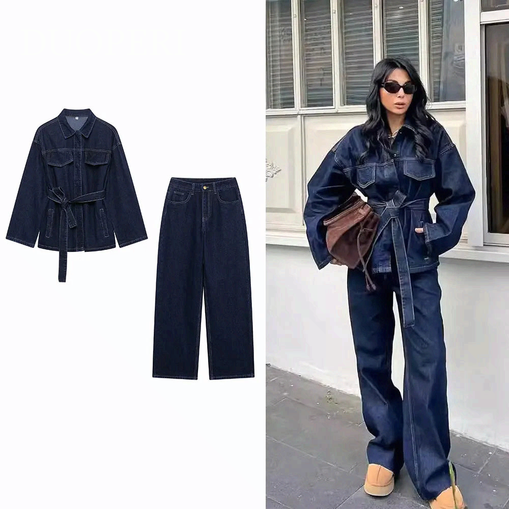 Women Denim Two Piece Set Belted Jacket and Zipper Jeans Outfit