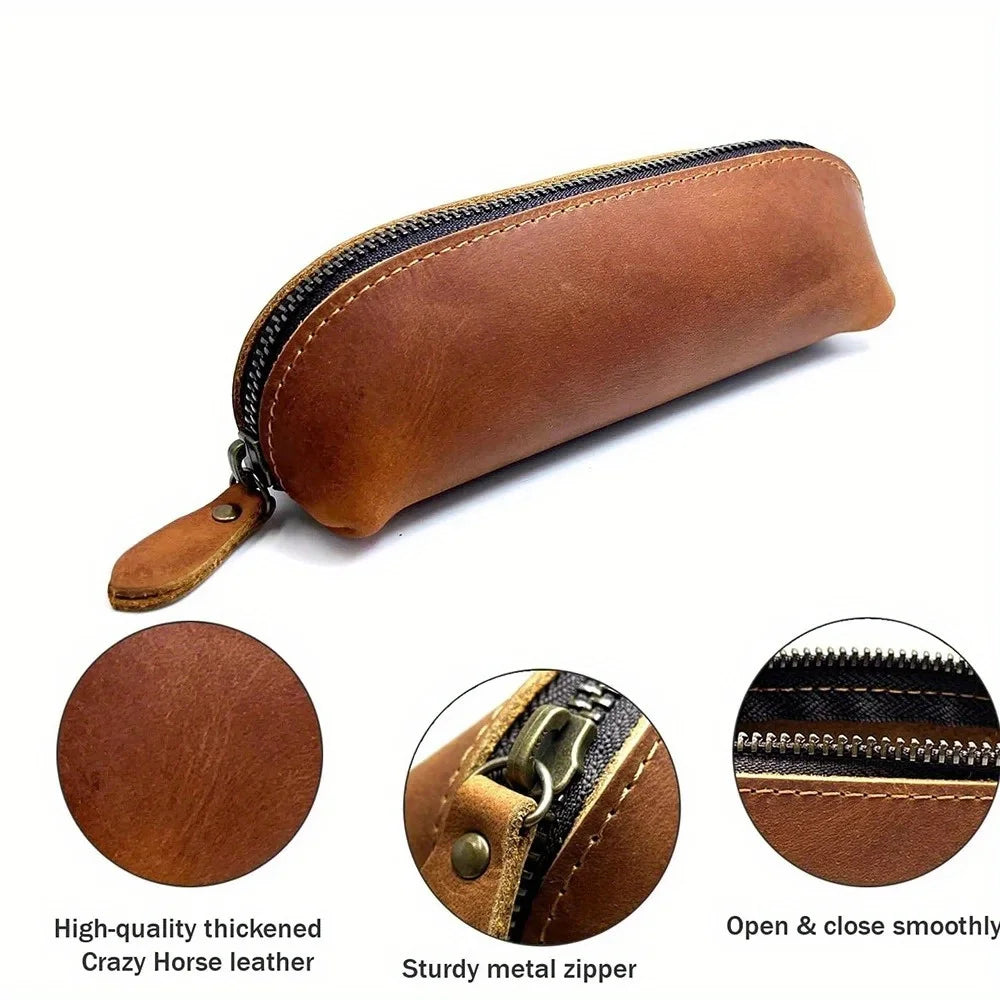 Vintage Leather Pencil Case Zipper Pouch Pen Holder Glasses Storage Bag