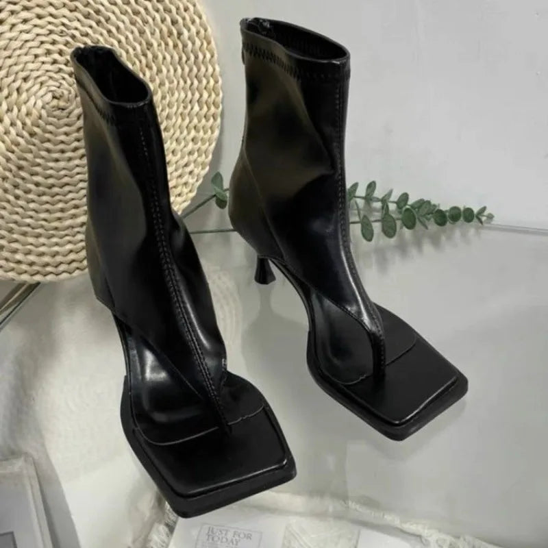 Women Square Toe Stiletto Heel Sandals Herringbone Clip Summer Bootie Style Shoes