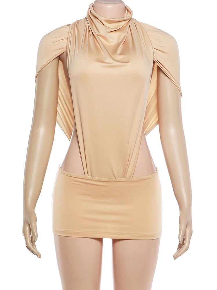 Women 2 Piece Set Turtleneck Cut Out Bodysuit Ruched Mini Skirt Sexy Outfit