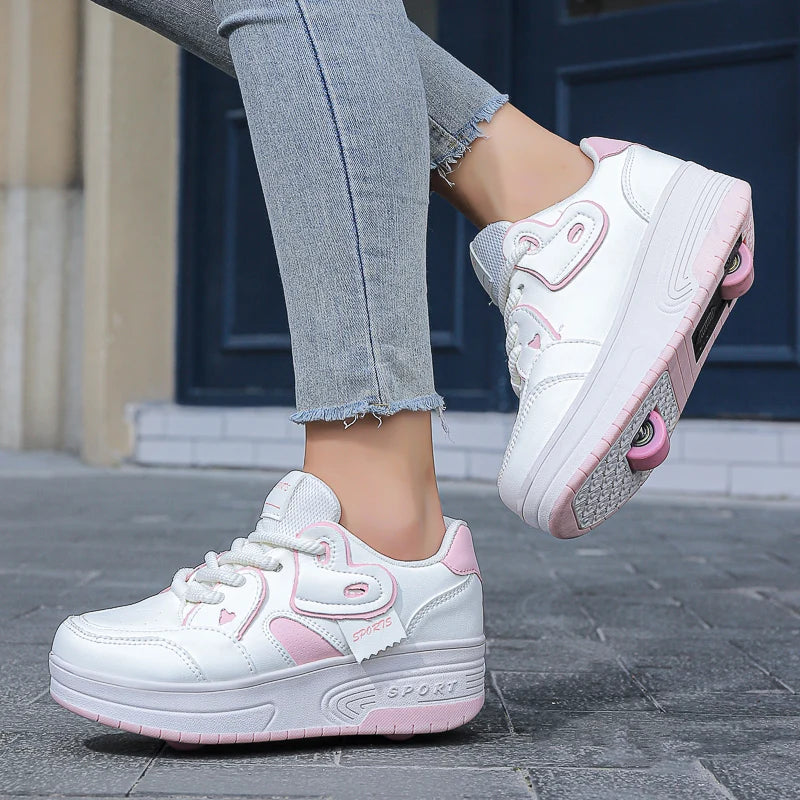 Girls Retractable Two Wheel Roller Skate Shoes Lace Up Breathable Outdoor Sneakers