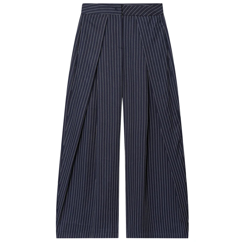 Women Striped Pleated Wide Leg Pants High Waist Baggy Harem Trousers Casual Oversize