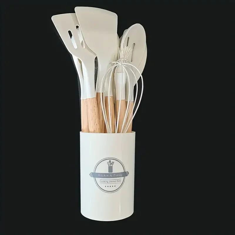 12pcs Silicone Kitchen Utensil Set Wooden Handle Heat Resistant Non Stick Tools
