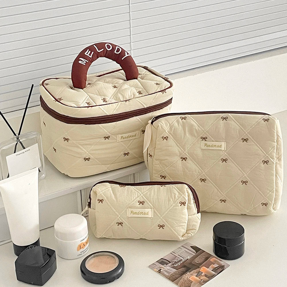Pink Strawberry Quilted Cosmetic Travel Makeup Storage Bag
