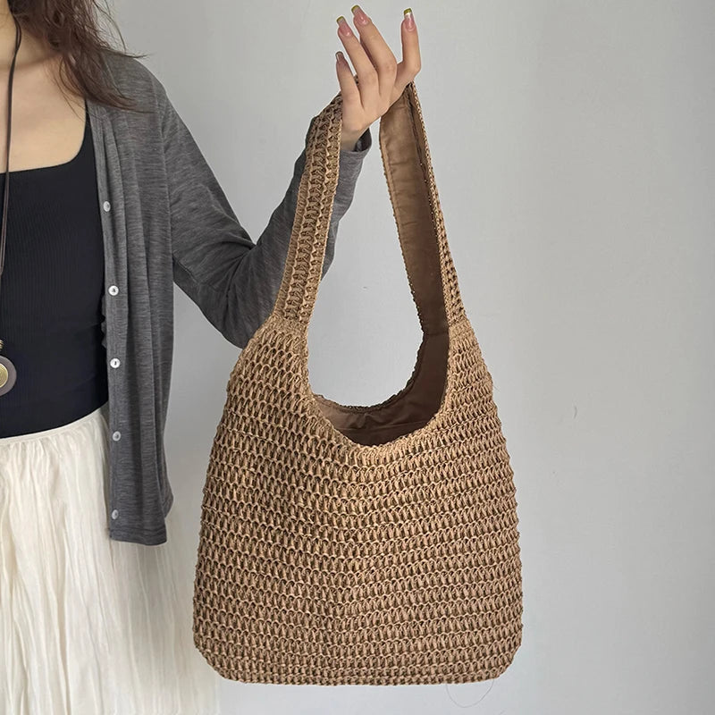 Woven Rattan Shoulder Bag Large Capacity Summer Straw Tote for Women