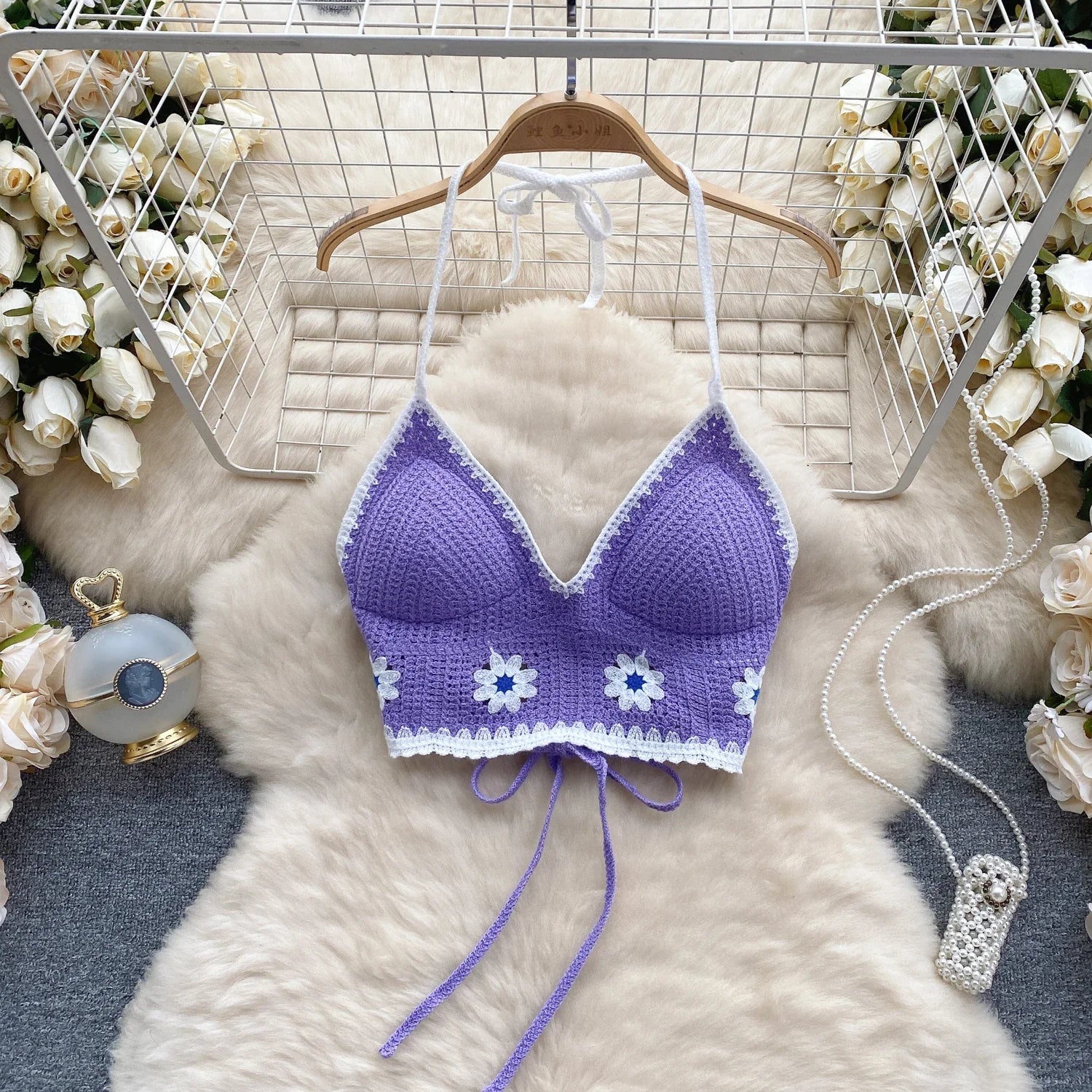 Women Floral Patchwork Backless Cami Crop Top