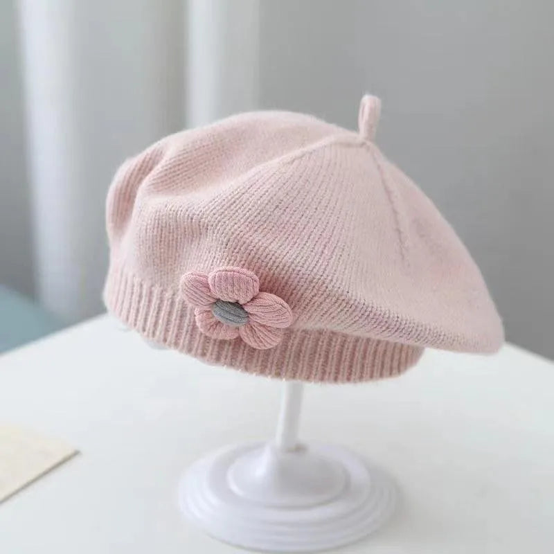 Baby Girl Flower Beret Warm Knit Beanie Hat